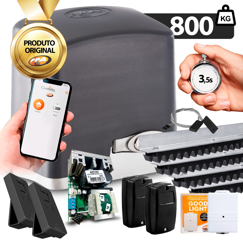 Kit Motor Deslizante 800Kg JetFlex WiFi + 4m Cremalheira + Tx Car e Fotocélula F-32 PLUS PPA