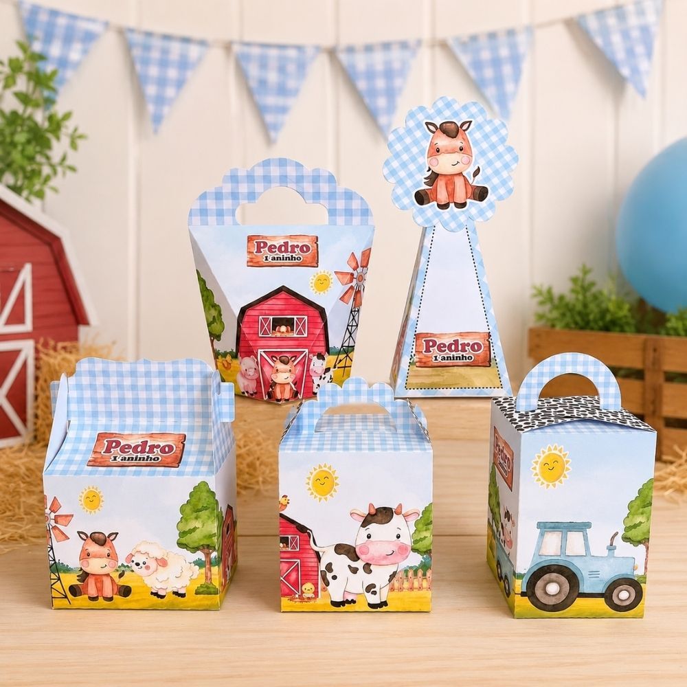 ENVIO RÁPIDO Kit Caixinha Personalizada Fazendinha Azul Lembrancinhas para Aniversário SEMI-MONTADOS