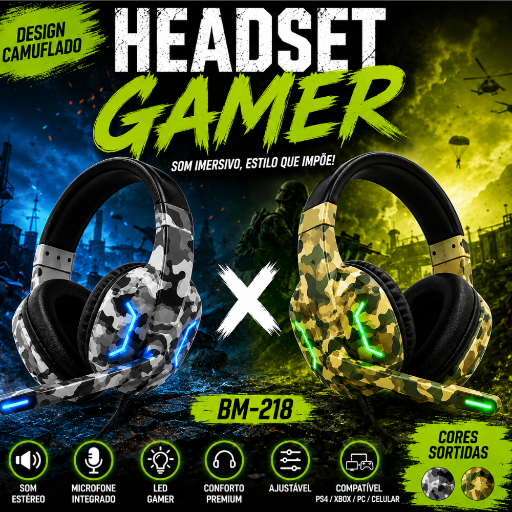 Headset Gamer Camuflado LED Com Microfone Ps4 Xbox One PC Celular Fone Exército BM-218