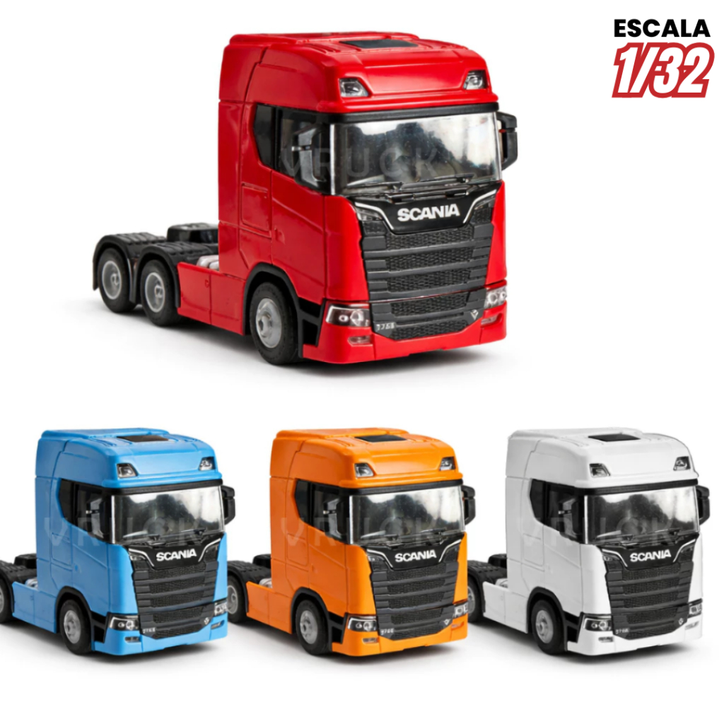 Miniatura Caminhão Scania 1/42 Trucado Metal com Som Luz Fricção Pneu Borracha 4 Cores Colecionável