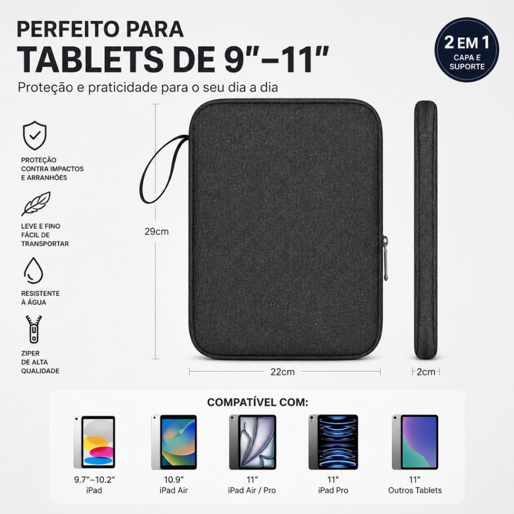 Capa Case Bolsa Pasta Para Tablet Galaxy S6lite/S7/S8Xiaomi 6PRO /Redmi pad SE/ Pro 12.1 iPad 7-10 à Pro 13” Polegadas
