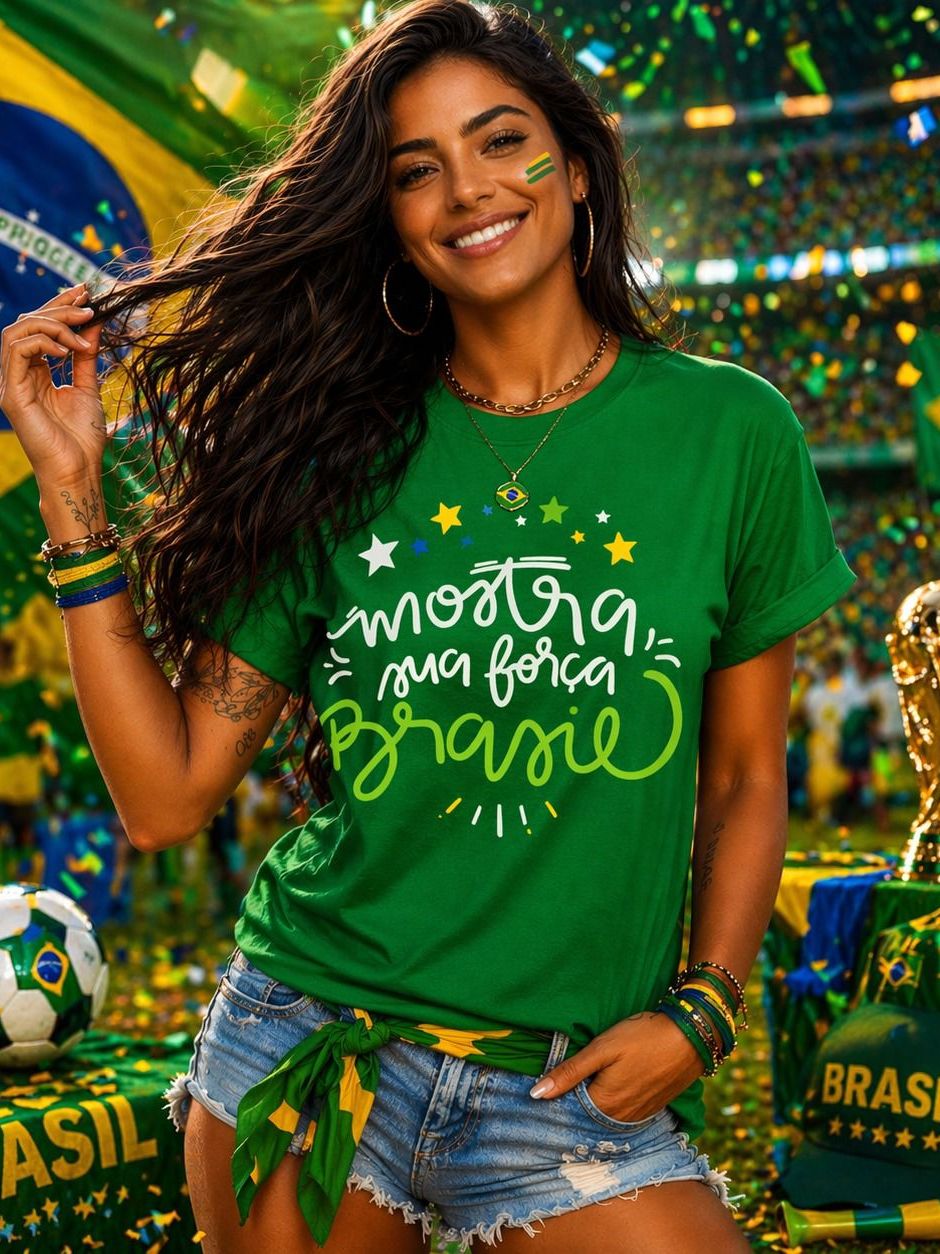Camiseta Mostra Sua Força Brasil Feminina Copa 2026 Seleção Brasileira Torcida Futebol Verde Amarelo Baby Look Algodão