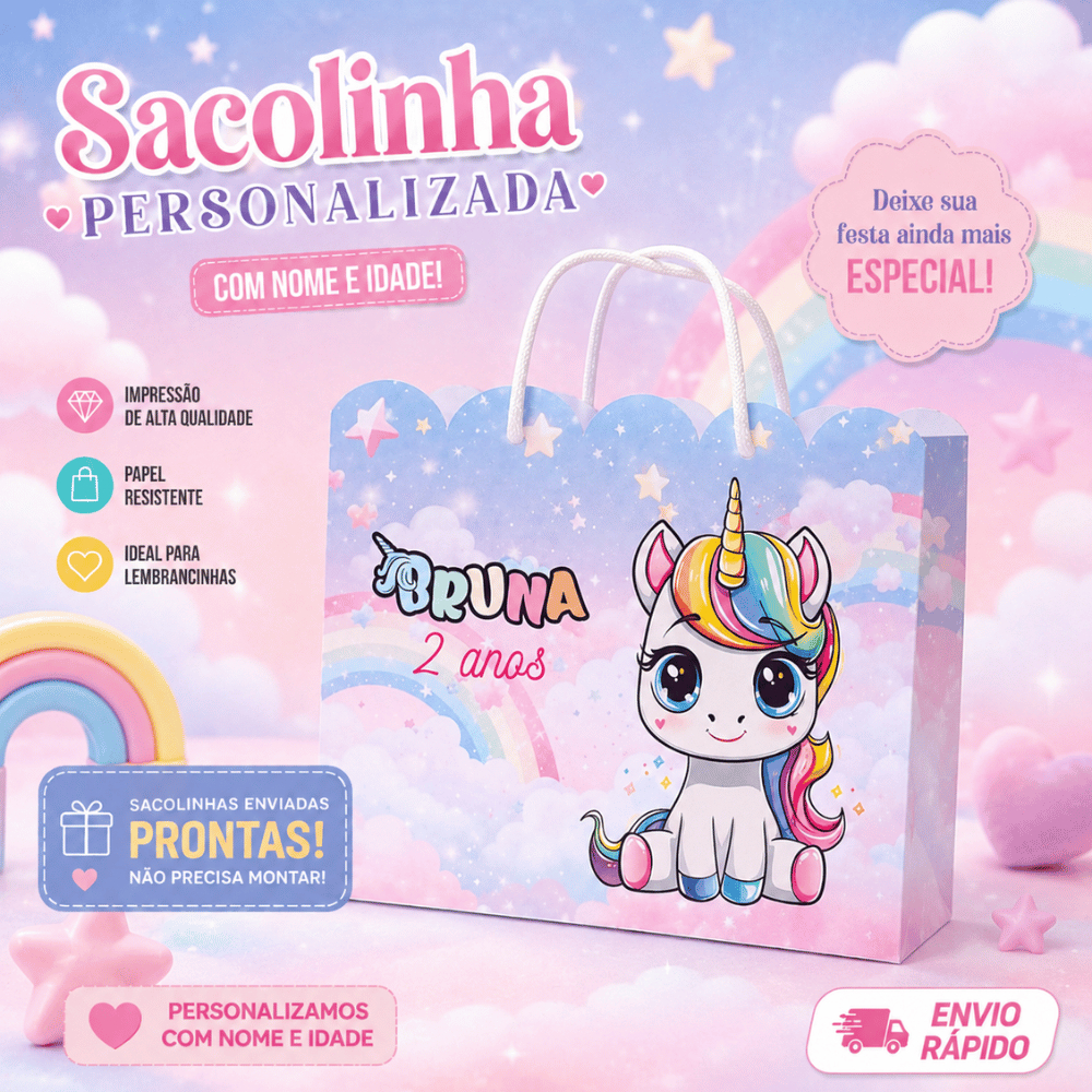 Sacolinha Personalizada Festa Infantil | Lembrancinha Luxo | Enviada Montada com Alça | UNICÓRNIO