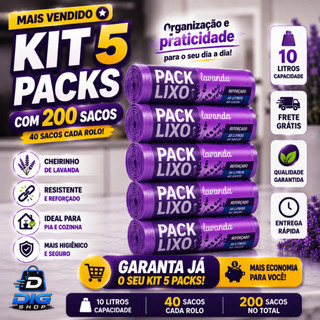 Kit 5 Rolos Sacos de Lixo 10L 200 Sacos Cheiro Lavanda Anti Odores Perfumado Cheiroso Pia Banheiro