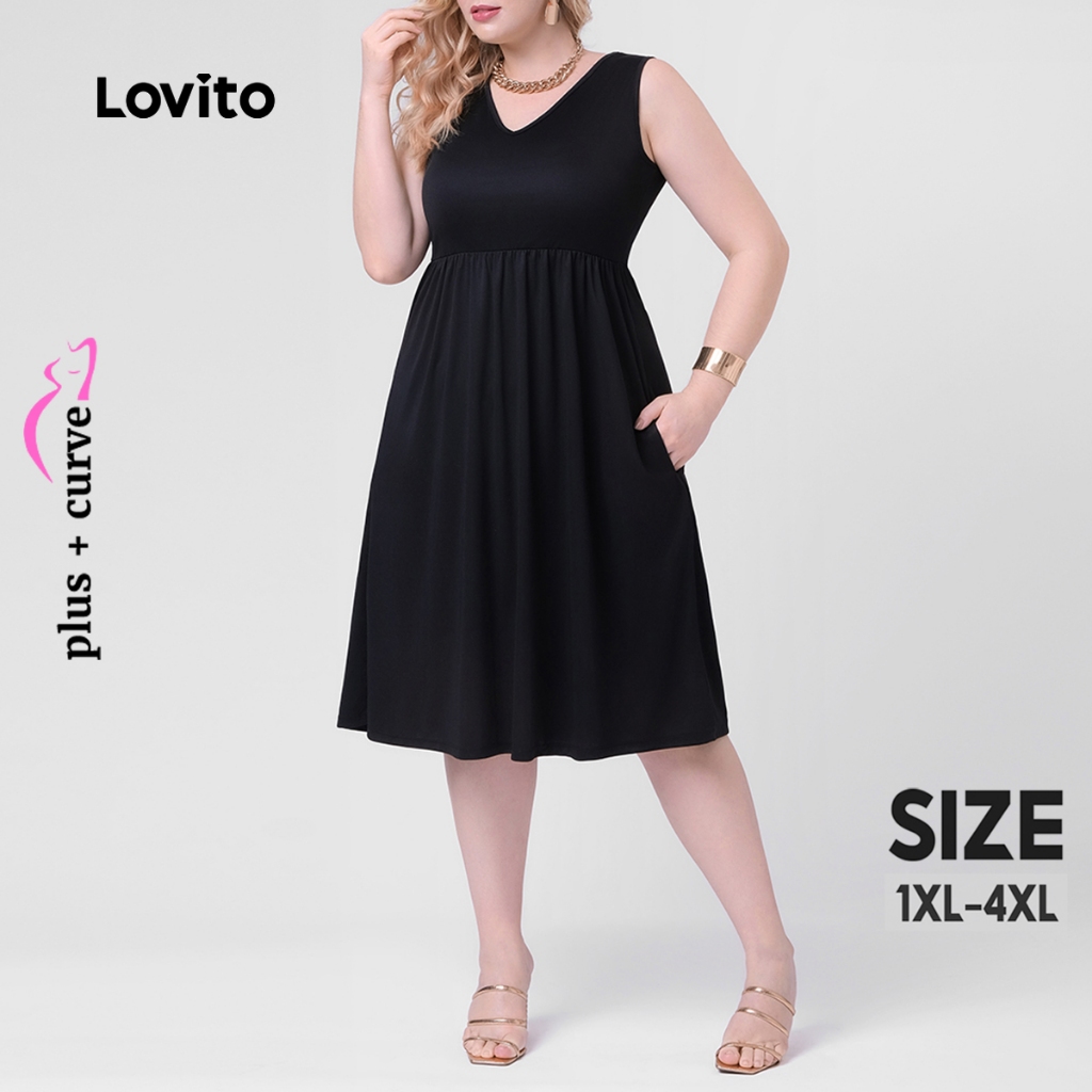 Lovito Vestido Plus Size Feminino Midi com Decote V DRB288BRL317