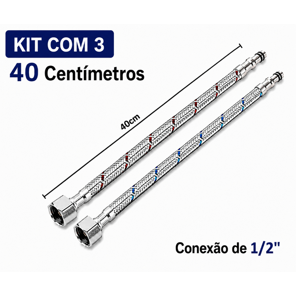 Par Engate Flexível 40cm | Inox P/ Misturador Monocomando 1/2 Premium | KIT com 3