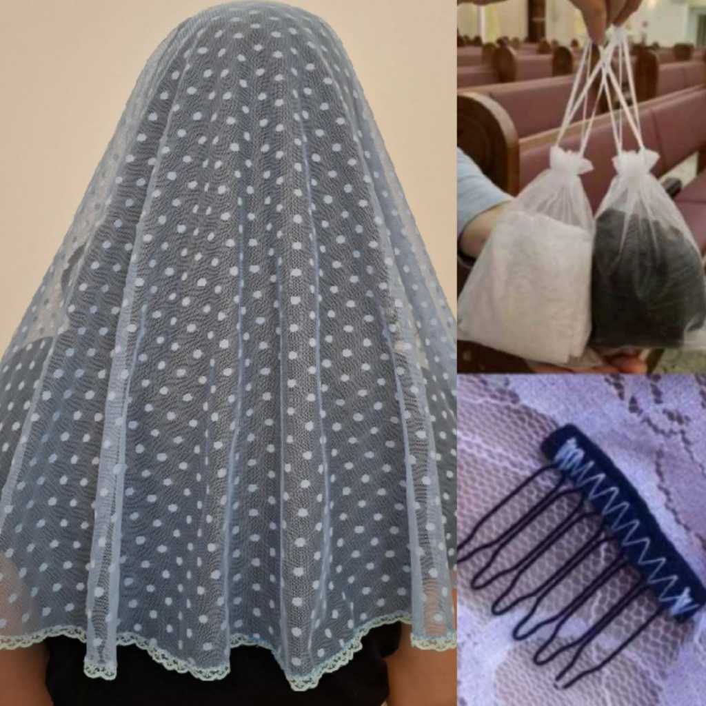 KIT- VÉU CATÓLICO AZUL POÁ PARA MISSA + PENTE FIXADOR + PORTA VÉU