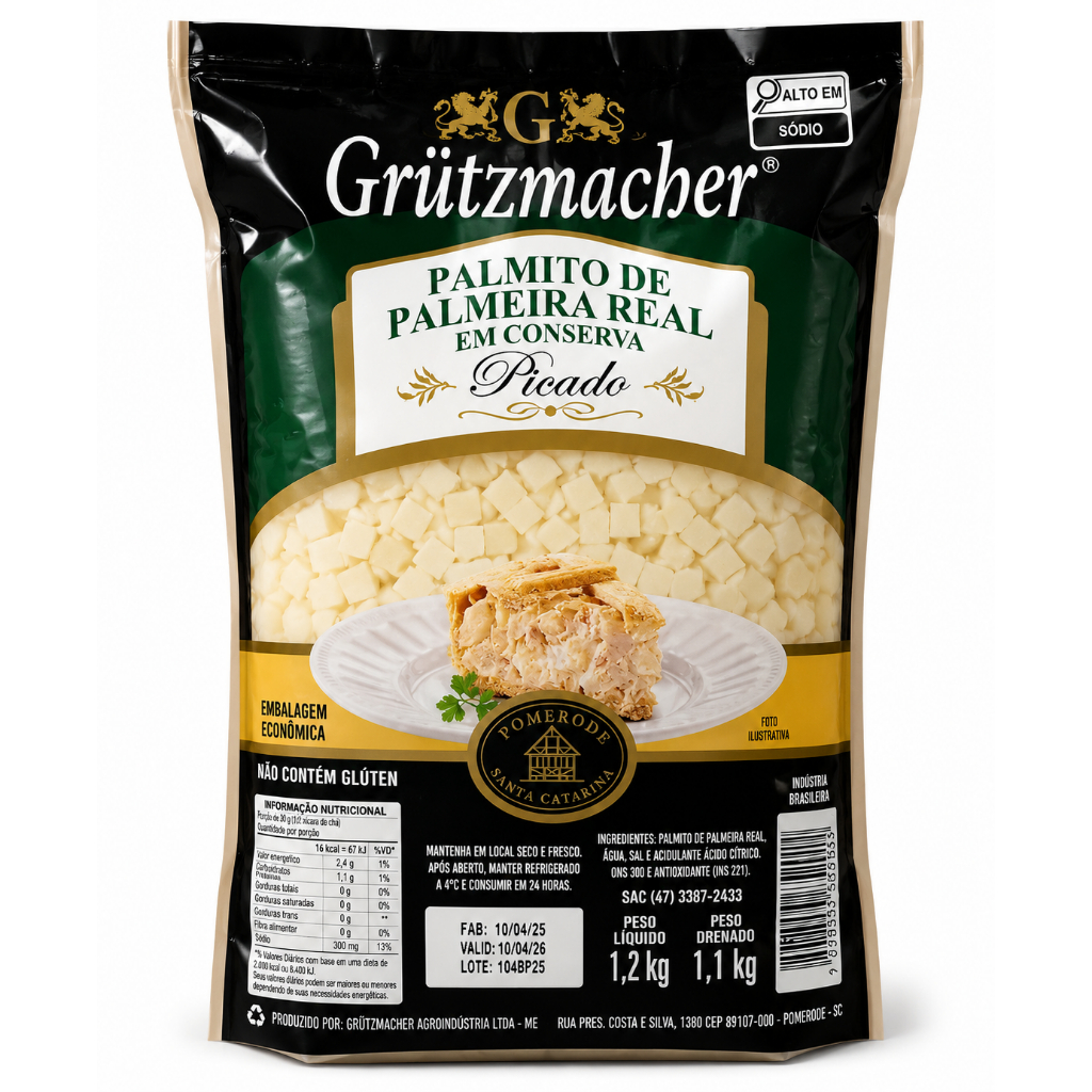 PALMITO DE PALMEIRA REAL EM CONSERVA PICADO 1,2KG GRUTZMACHER EMBALAGEM ECONOMICA