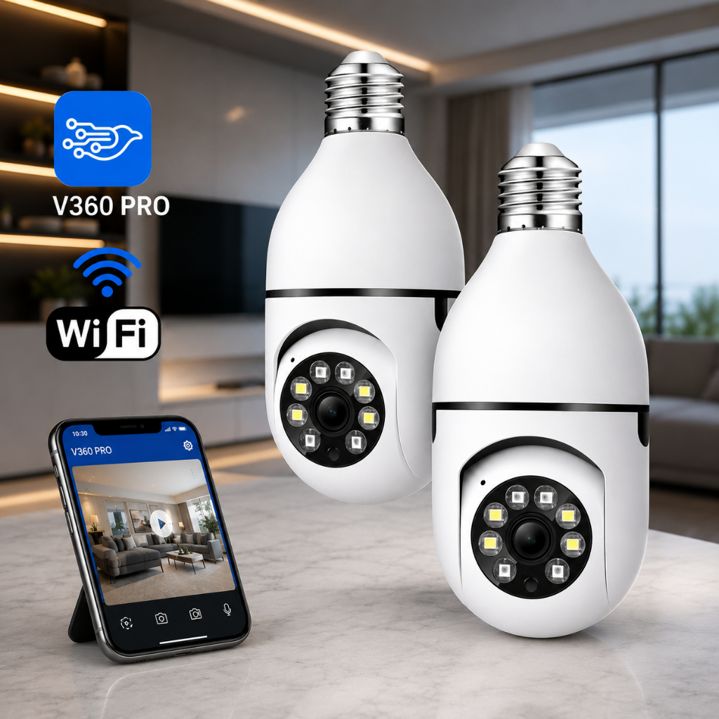 Câmera de Segurança Smart IP Wi-Fi 360° Sem Fio com Lâmpada – Full HD, Visão Noturna e Controle PTZ | App V720