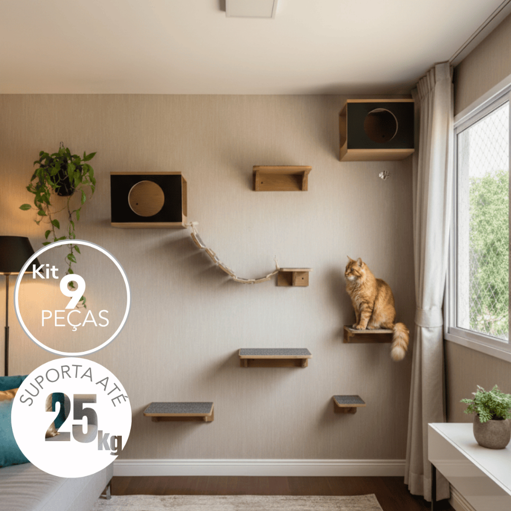 Playground Gato Reforçado 9pçs Montado 100% Seguro Exclusivo BT Wood Parque Gatos Moderno Completo