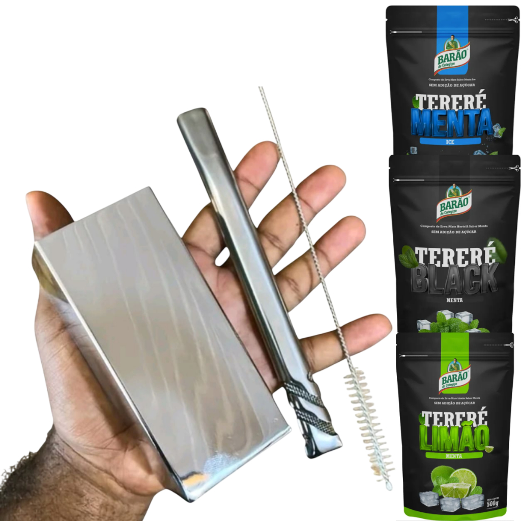 Kit Terere INOX Copo Quadrado Inox + Bomba V6 Inox + Erva Mate Barao 500g + Escovinha BRINDE