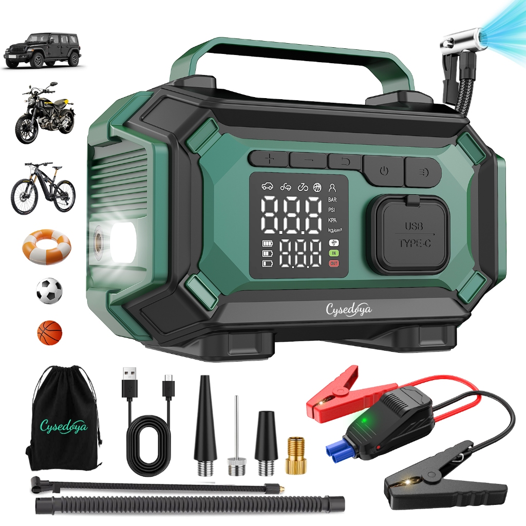 Auxiliar de Partida e Compressor de Ar Portátil para Carro 12V-Power Bank,Inflador,Carregador Portátil eLanternaSOS 4em1