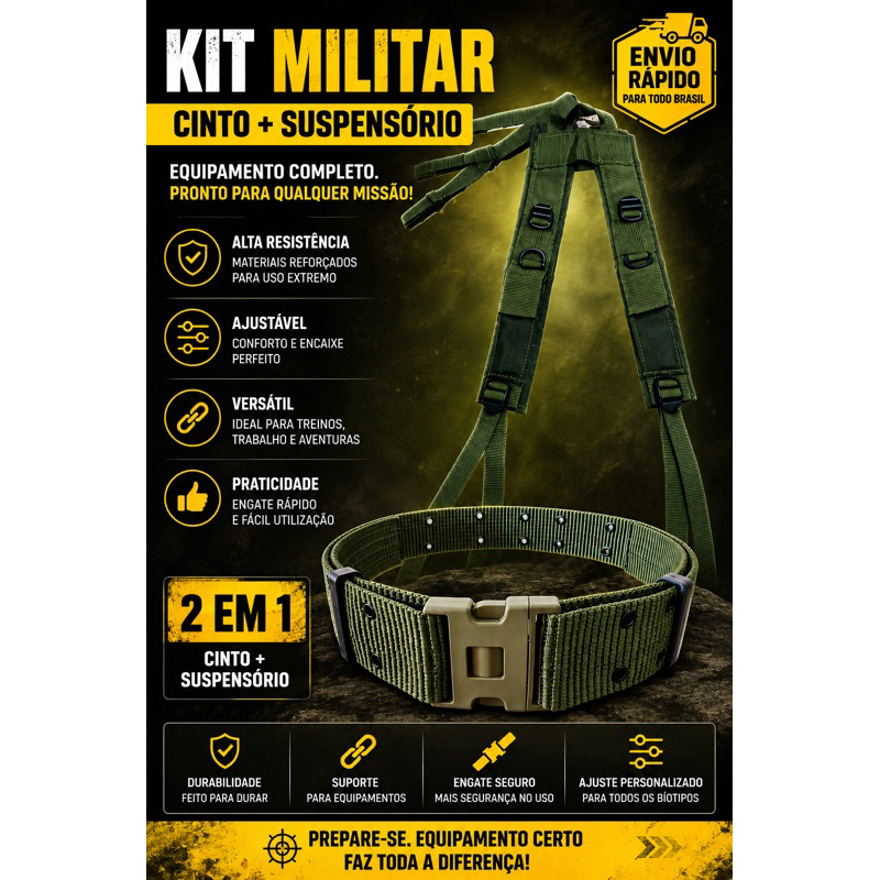 Cinto Tático 3 Travas + Suspensório com Bolsos | Tático Militar