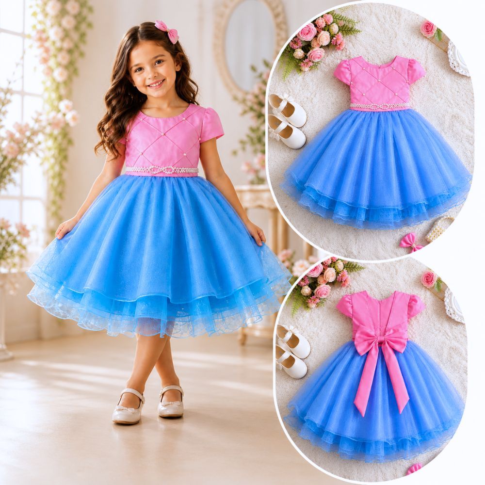 Vestido Infantil Princesa Tule Brilho Festa Luxo Rodado Com Cinto Pérolas Laço Elegante Rosa E Azul