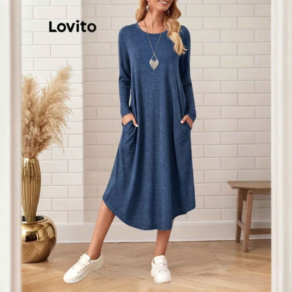 Lovito Vestido Feminino Midi Manga Longa Reto Moda Feminina BRDRNS50BX227
