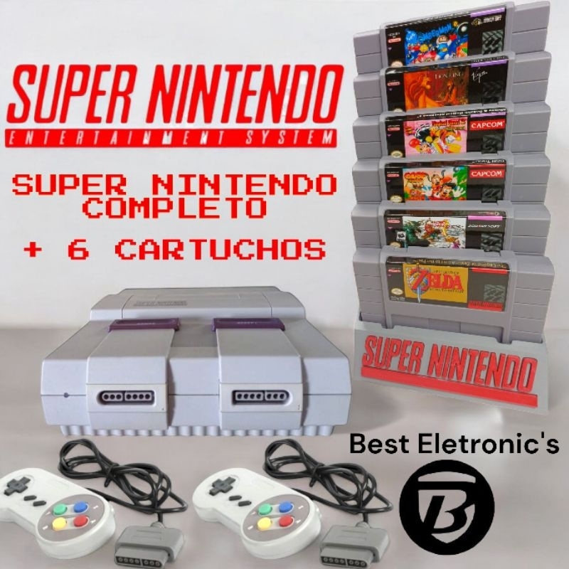 Super Nintendo (SNES) + 2 Controles + Kit com 6 Jogos Incríveis a escolha