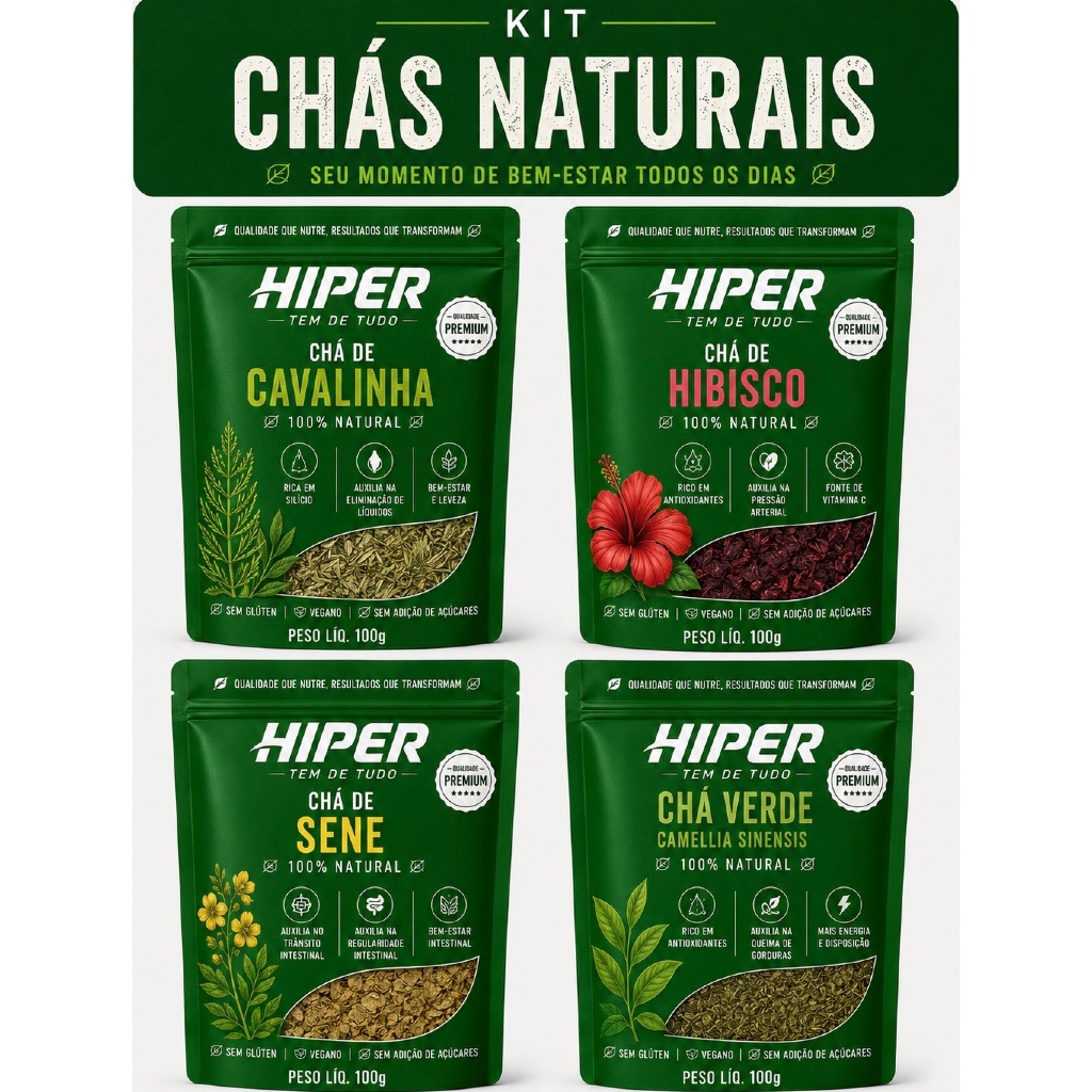 Chá Natural Cavalinha, Chá Verde, Chá Hibisco E Sene 100g cada