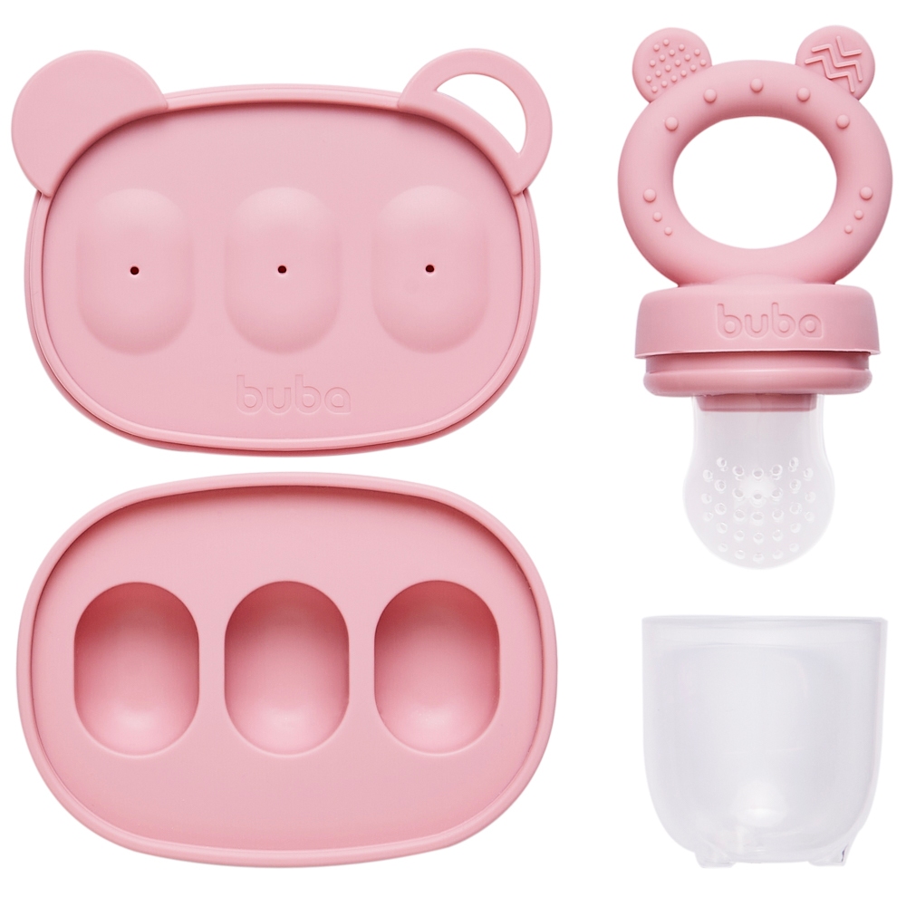 Kit Porta Frutinha Silicone + Forminha de Gelo Buba Rosa