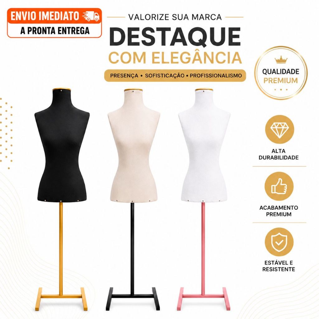 Busto Manequim Feminino Costureira com Pedestal Expositor Loja Vitrine Premium Off White Branco Preto