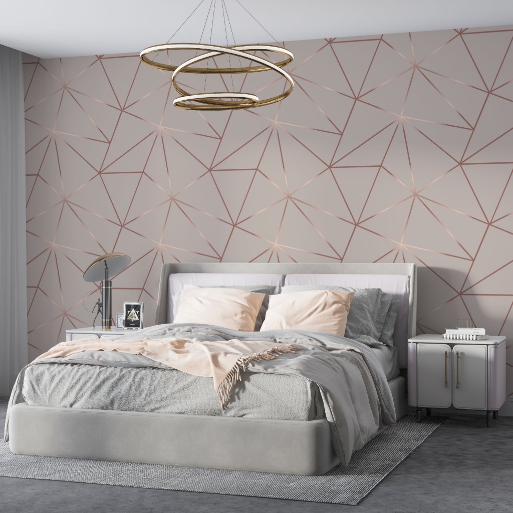 Papel de Parede Geométrico Rose Gold Nude Moderno Lavável 12 Metros