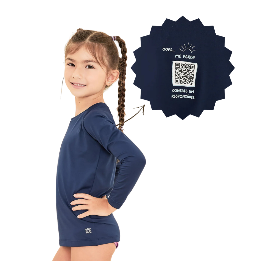 Camiseta Infantil Com Qr Code Para Localização Infantil Proteção Uv Line Praia Piscina