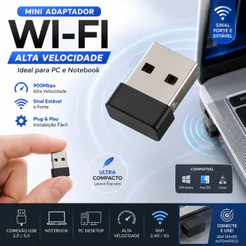Adaptador Wi-Fi USB Wireless 2.4GHz 900Mbps para PC e Notebook Mini Receptor de Internet