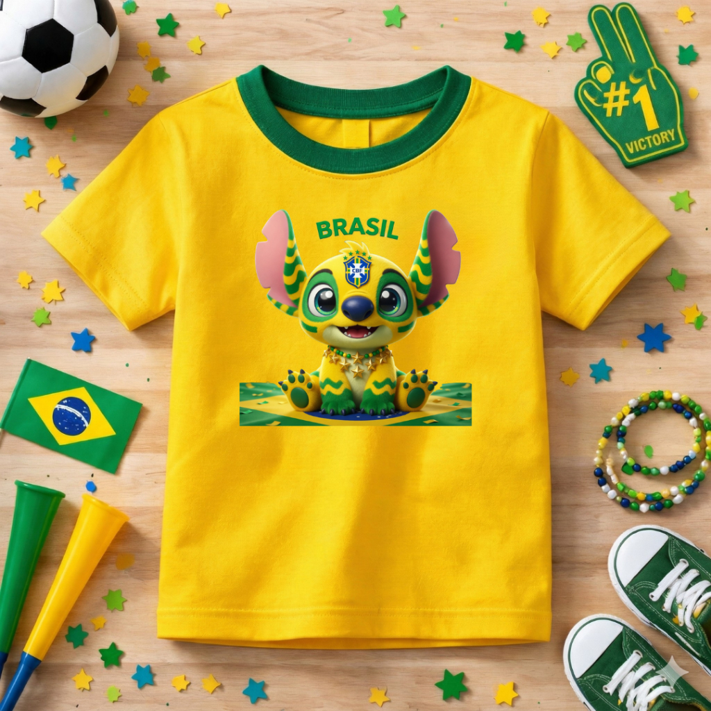 Camiseta Infantil Copa Do Mundo Personalizada Stitch Brasil Lançamento Algodão Premium Confortável