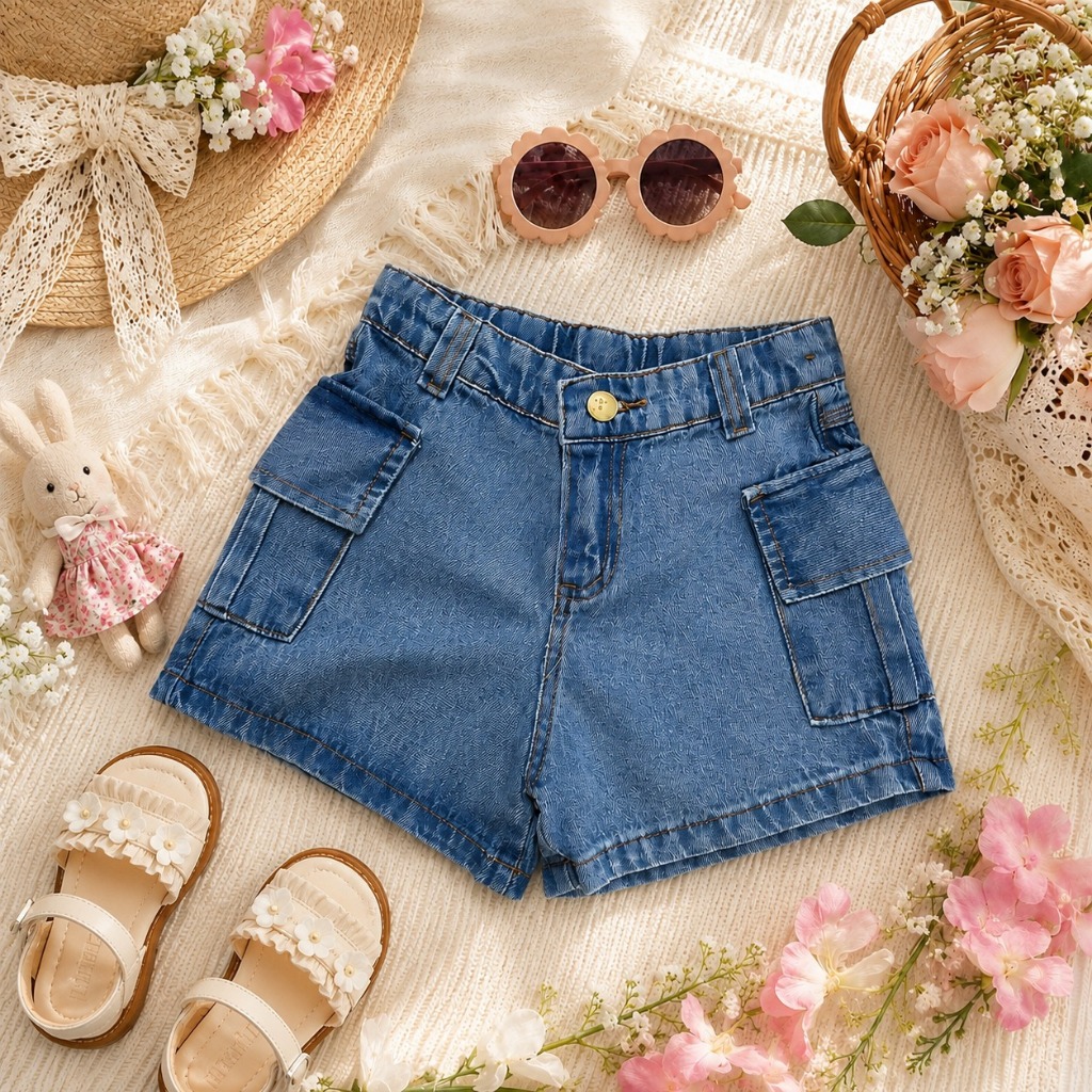 SHORTS INFANTIL JUVENIL CARGO JEANS MENINAS