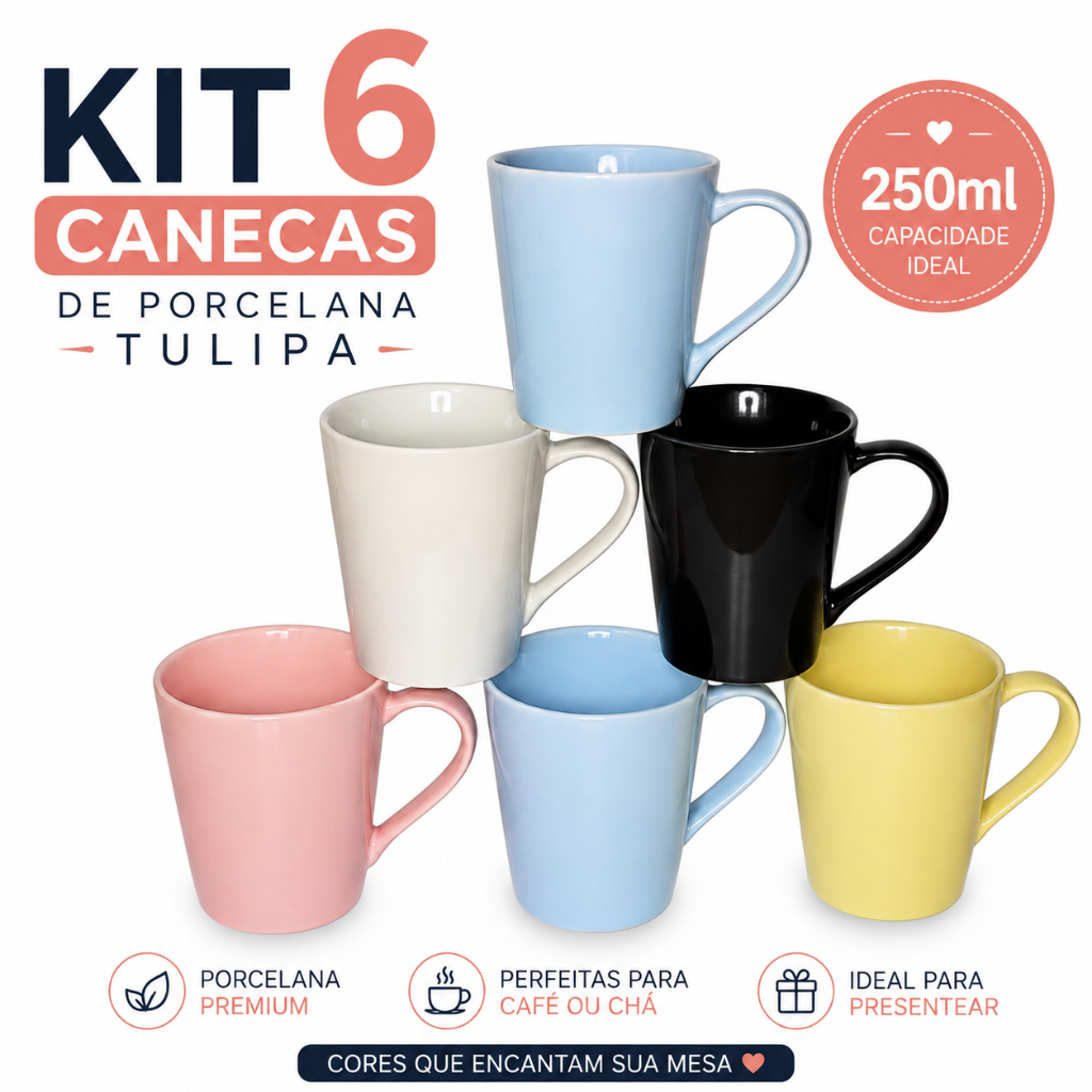 Jogo 6 Xícaras Tulipa Porcelana 250ml Coloridas para Café Chá Cozinha Mesa Decorada Caneca
