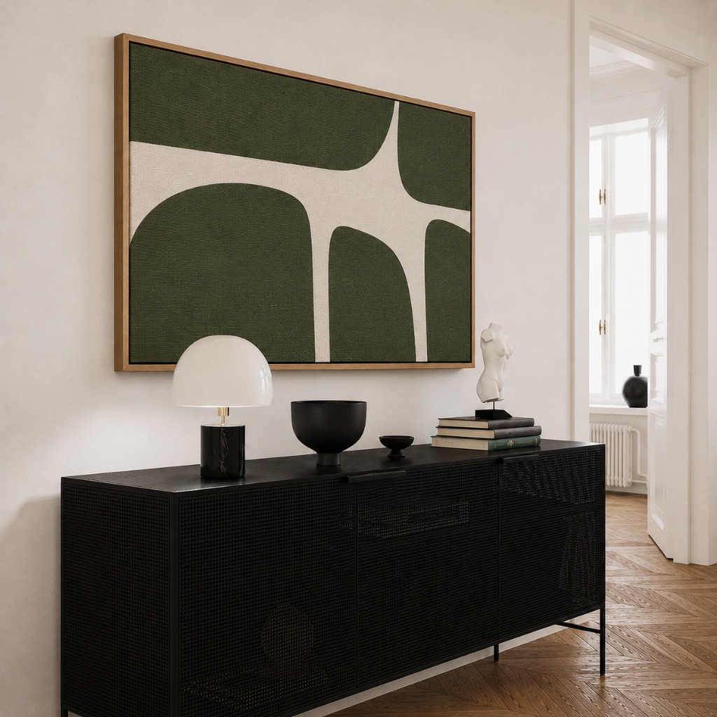 Quadro Abstrato Verde Boho Com Moldura Flutuante Tecido Canvas