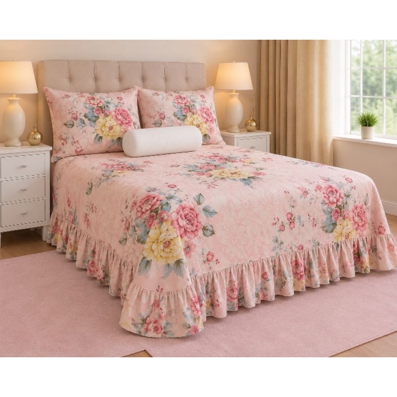 Kit Colcha Cama Cobre Leito Casal Queen C/Babado 3 Peças Estampada 400 fios Luxo