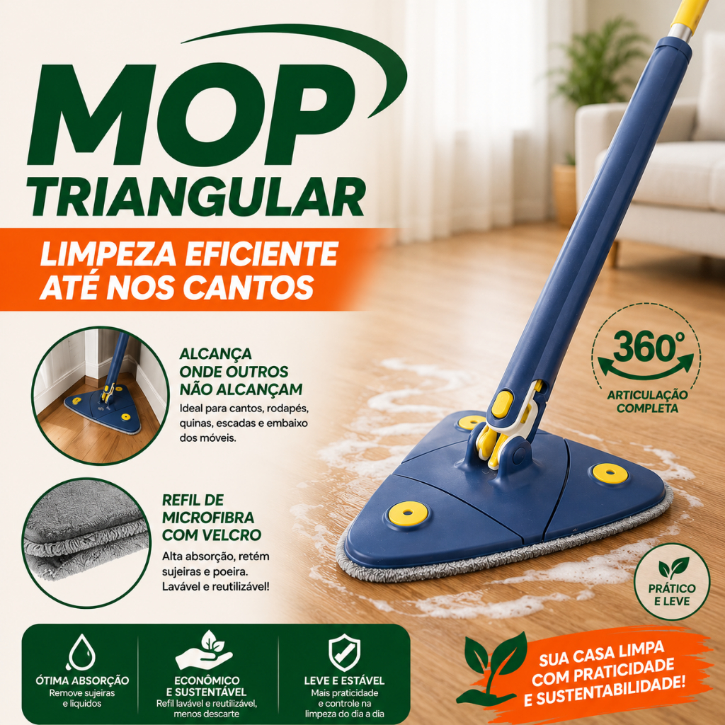 Mop Triangular Giratório 360° Com Refil Microfibra Limpeza Cantos Rodapé Piso limpa facil pesada premium