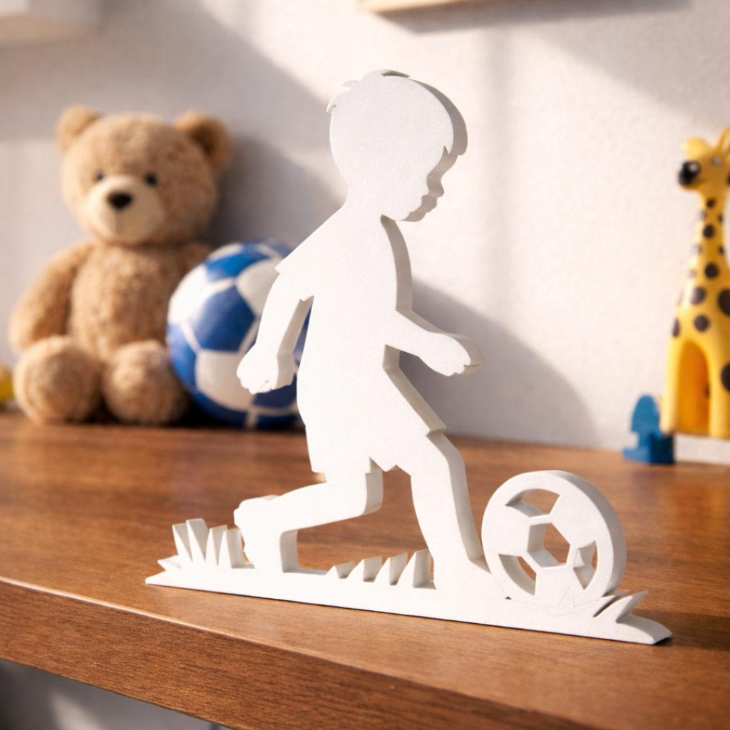 Menino com Bola Jogador de Futebol Silhueta 3D Mesa Nicho Prateleira Quarto 10 cm