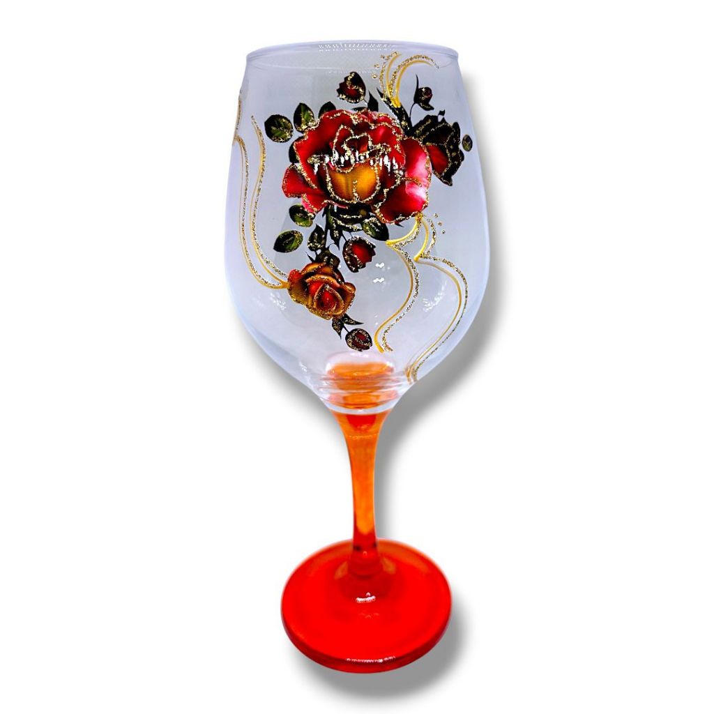 Taça Pomba Gira Flores Laranjas C/ Detalhes Dourados Fundo Laranja 385ml - Padilha Mulambo Farrapo Dama da Noite