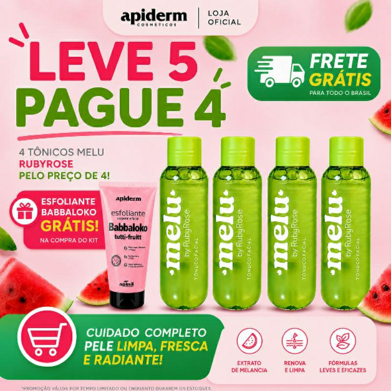 LEVE 5 PAGUE 4 - Kit 4 Tônico Facial Ruby Rose 100ml - Ganhe 1 Esfoliante Apinil 190g, Reduz a Oleosidade + Hidratação