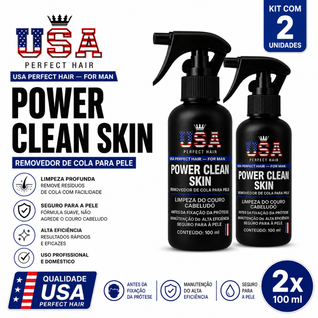 Kit 2 POWER CLEAN SKIN Removedor de Cola para Prótese Capilar USA Perfect Hair 100ml Limpeza Profunda do Couro Cabeludo