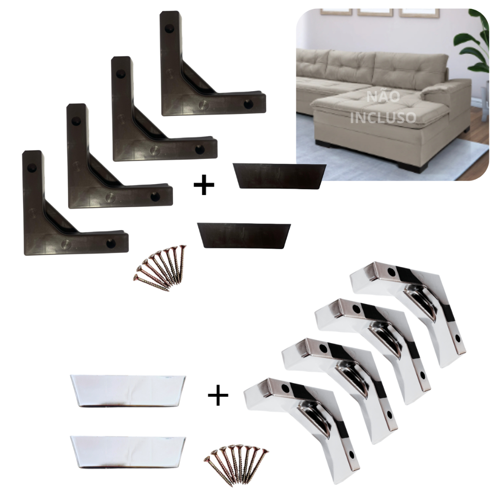 Kit 4 Pé Cantoneira L(REFORÇADO) + 2 Pé de centro reto Plástico Para Sofá e Móveis em Geral