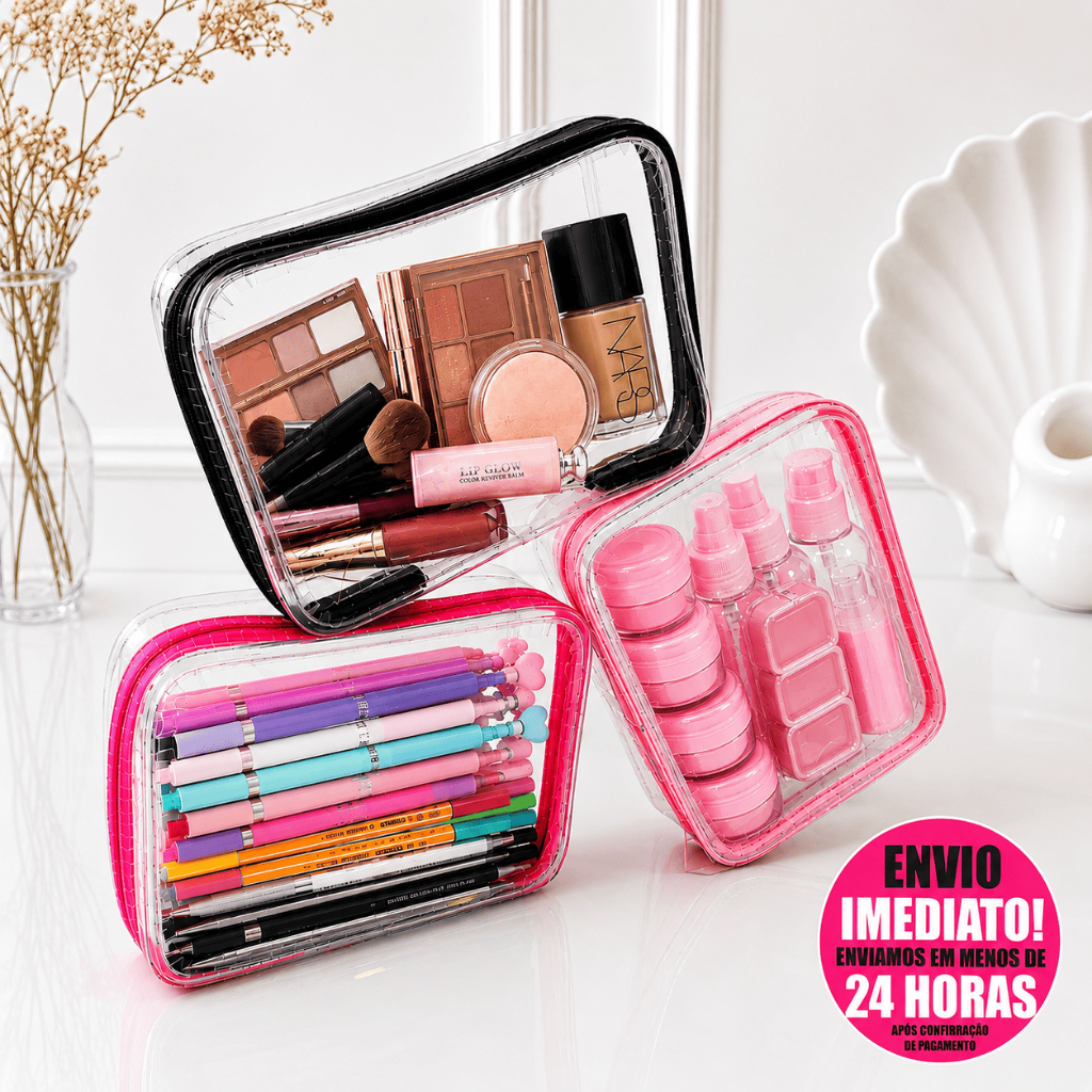Estojo/Necessaire BOX Transparente lembrancinha Organizador  Maquiagem Cosmeticos Viagem Escolar  Grande  Com Ziper