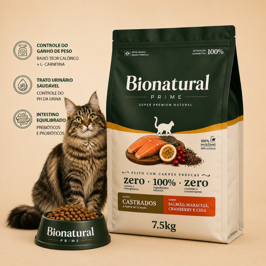 Ração Bionatural Prime Super Premium Gatos Castrados Salmão