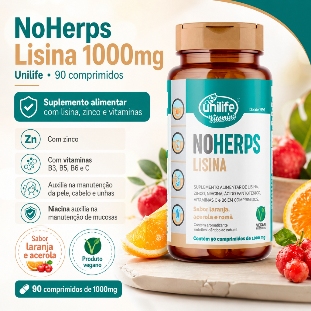 NoHerps Lisina 1000mg NoHerps Unilife 90 Comprimidos Laranja e Acerola
