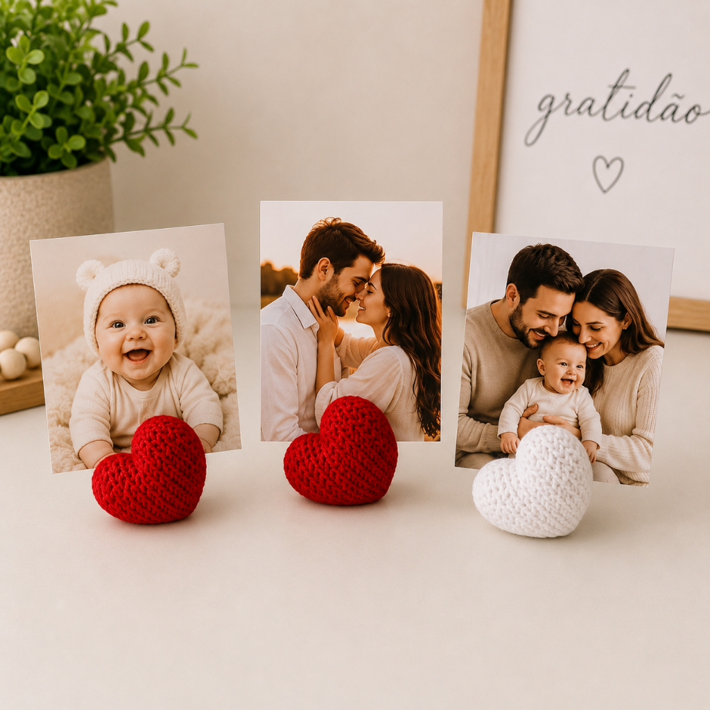 Porta Fotos Polaroid e Recados Coração Tricô Decorativo Kit 1,3,5,10 Peças Porta Cartão Mesa Lembrancinha