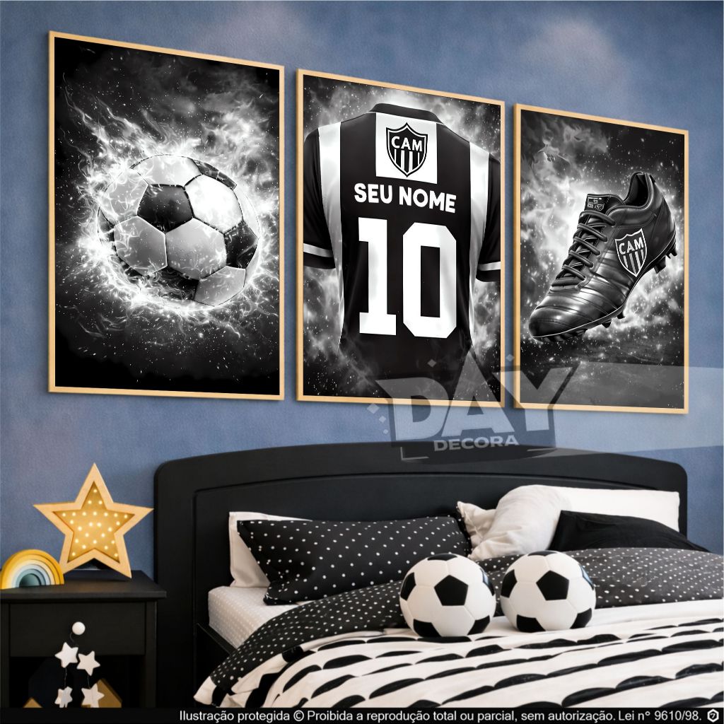 Quadro Decorativo 3 Peças Atlético Mineiro Futebol Personalizado com seu Nome — imagem 2 de 2