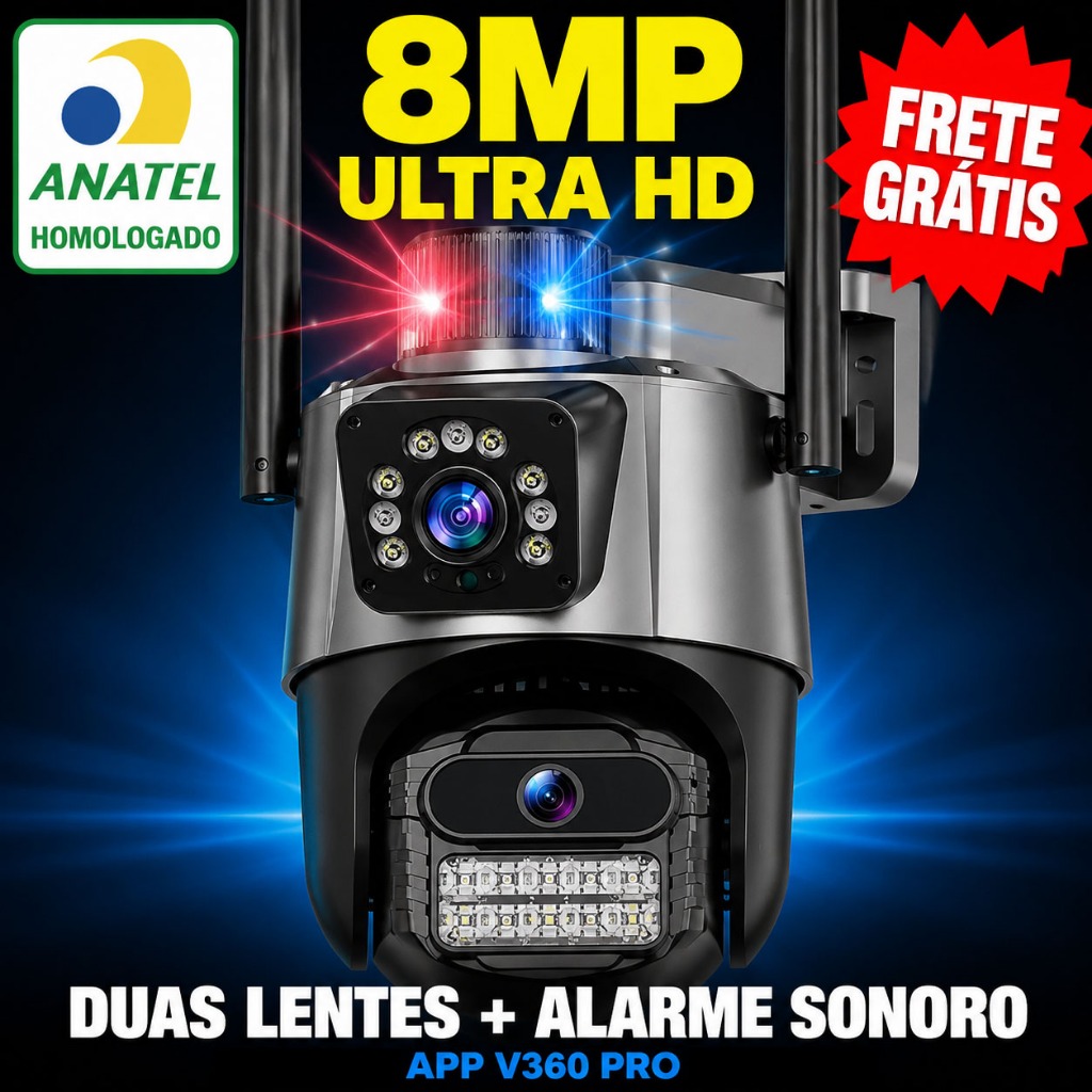 Câmera de Segurança Wifi ANATEL Aprovada Dupla Lente 6MP 360° Visão Noturna Áudio 2 Vias P11