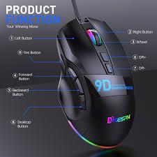 Mouse gamer com fio, 12000 dpi, rgb, retroiluminado, 9 botões práticos, mouse gamer com fio
