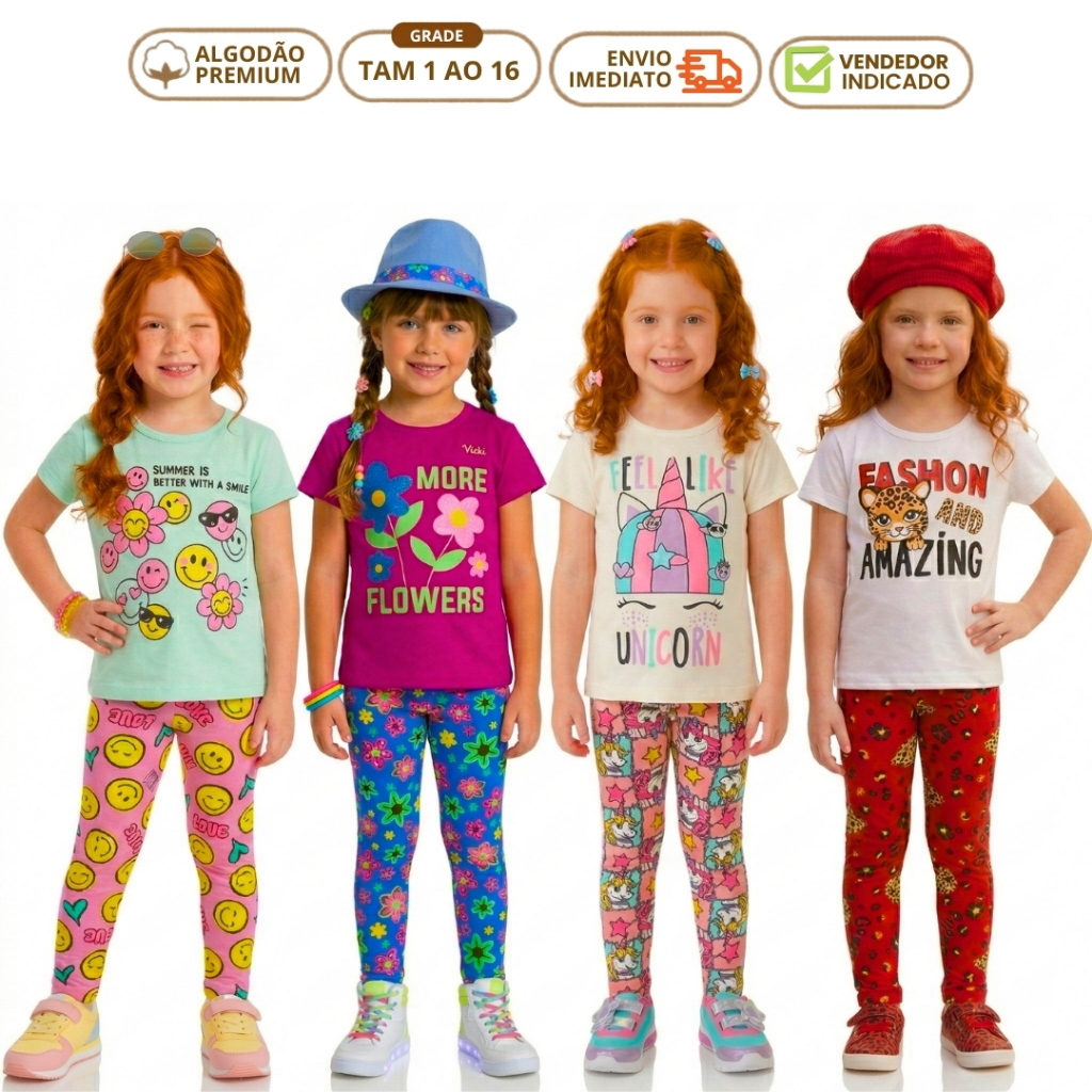 Kit 10 Peças Roupa Menina Verão Conjunto Infantil Feminino 5 Camiseta Regata 5 Calça Legging Barata