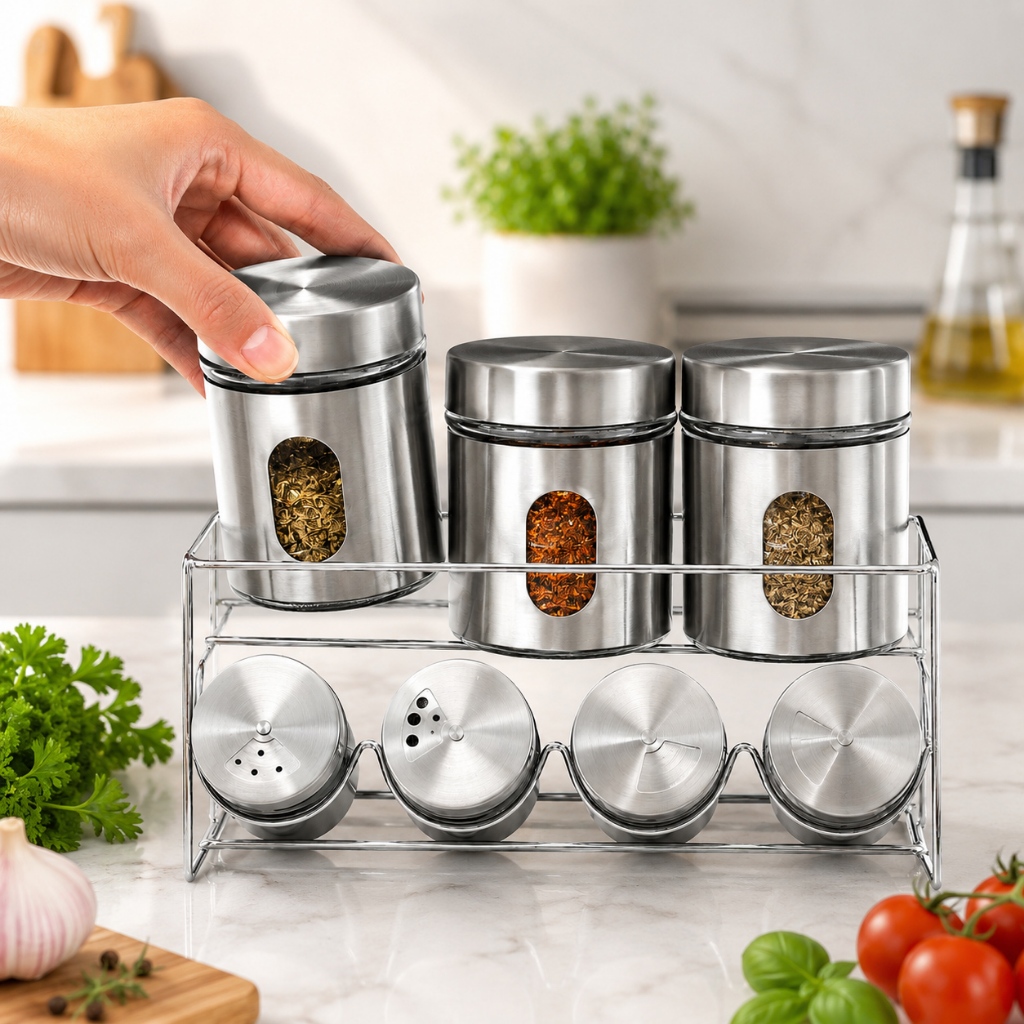 Porta Condimentos Temperos Inox 7 Peças Com Suporte inox