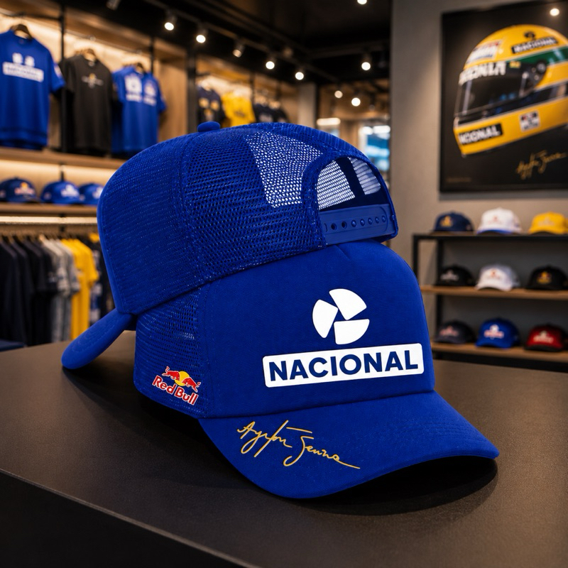 BONE ABA CURVA ESTILO TRUCKER AJUSTÁVEL NACIONAL AYRTON SENNA RETRÔ F1 LANÇAMENTO