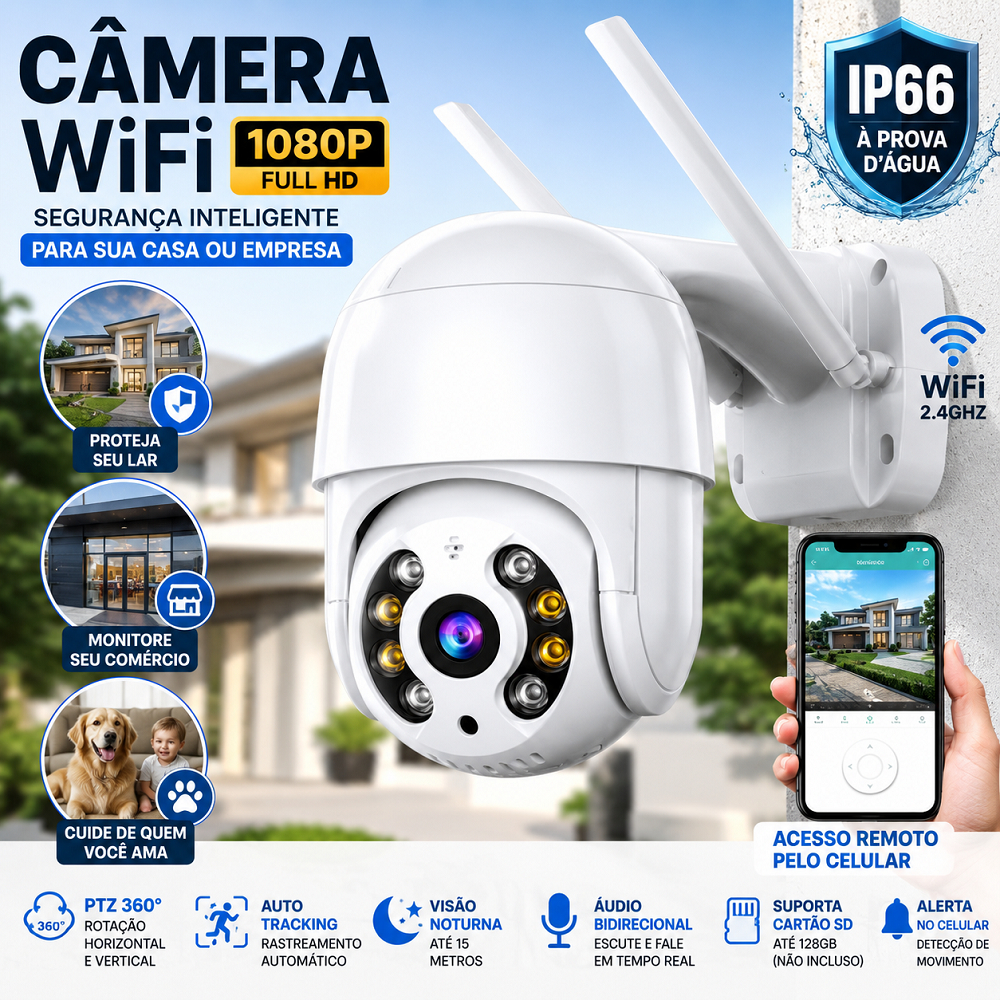 Câmera Segurança WiFi 1080p IP66 Externa A8 PTZ Visão Noturna Áudio App ICSEE Auto Tracking HD Prova Dagua Full HD 360°