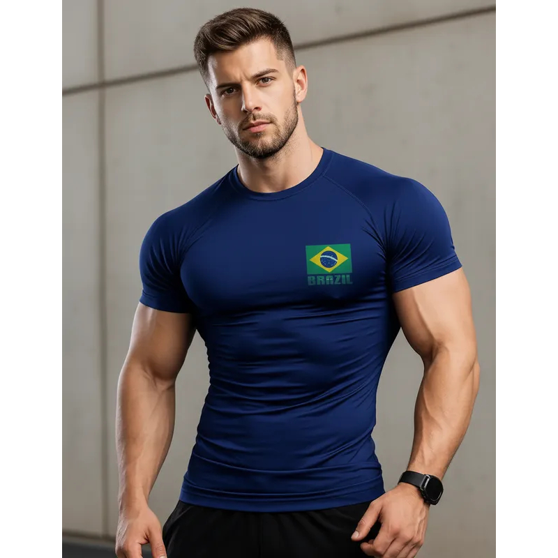 Camisa Logo Seleção Brasil Masculina Camiseta Slim De Compressão Treino Academia Rash Guard Com Proteção UV50 Dryfit