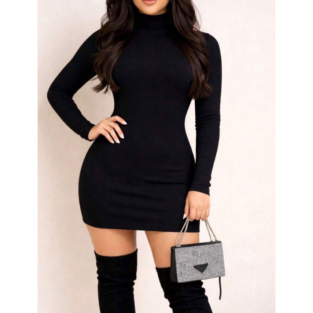 Vestido Curto Canelado Feminino Gola Alta Manga Longa — Vestido Tubinho Modal Ajustado Inverno Elegante Em Alta  Festas